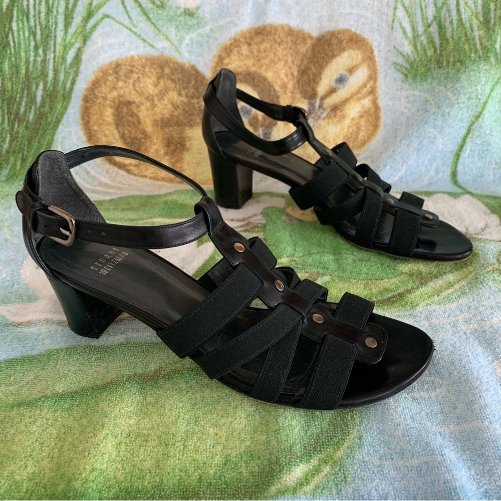Women’s 9M STUART WEITZMAN Black Strappy Leather Sole Closed Back Heeled Sandals